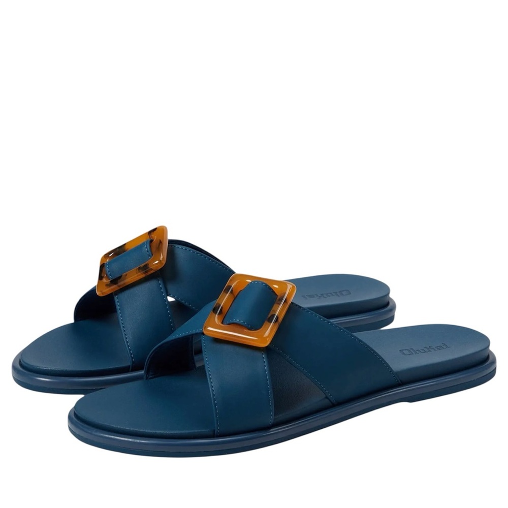 OluKai Navy Blue Slide Sandals with Tortoiseshell Buckle